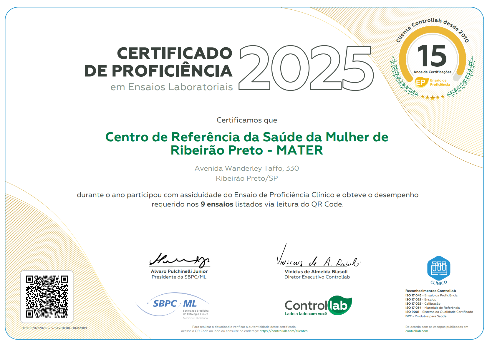 CERTIFICADO DE PROFICIÊNCIA em Ensaios Laboratoriais